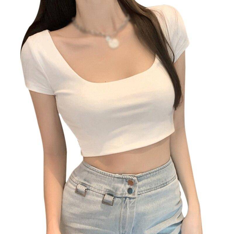 Sommer U-Ausschnitt Kurzes kurzärmeliges T-Shirt Damen Top Slim Square Neck Crop Top M von Joom DACH