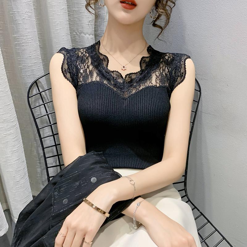 Sommer V-ausschnitt Spitze Nähte Pullover Ärmelloses T-shirt frauen Eis Seide Weste Hosenträger Schlanke frauen Gestrickte Bodenbildung Shirt XXXL von Joom DACH