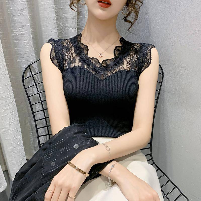 Sommer V-ausschnitt Spitze Nähte Pullover Ärmelloses T-shirt frauen Eis Seide Weste Hosenträger Schlanke frauen Gestrickte Bodenbildung Shirt XXXL von Joom DACH