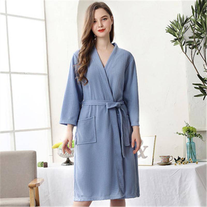 Sommer Waffel Paar Bademantel Kimono Handtuch Bademantel Männer Morgenmantel V-Ausschnitt Home Dusche Roben Frauen Nachtwäsche Liebhaber Kleidung 3XL han, die blaue von Joom DACH