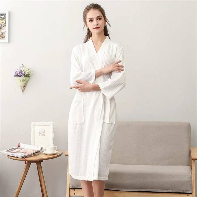 Sommer Waffel Paar Bademantel Kimono Handtuch Bademantel Männer Morgenmantel V-Ausschnitt Home Dusche Roben Frauen Nachtwäsche Liebhaber Kleidung XL milch-weiße von Joom DACH