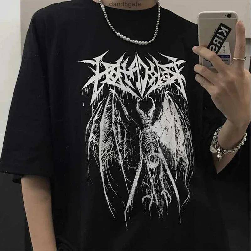 Sommer Y2K T-Shirt Damen T-Shirt Punk Print Dark Grunge Loose Streetwear Gothic Tops Übergroß Unisex T-Shirt Emo T-Shirt Mädchen Kleidung XL von Joom DACH