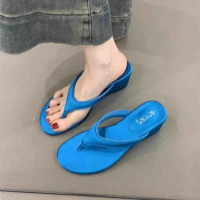 Sommer Zehensteg Damen Keilabsatz Hausschuhe Schuhe Damen Komfort Strandurlaub Pantoletten Schuhe Flip Flop Damenschuhe 37 blau von Joom DACH