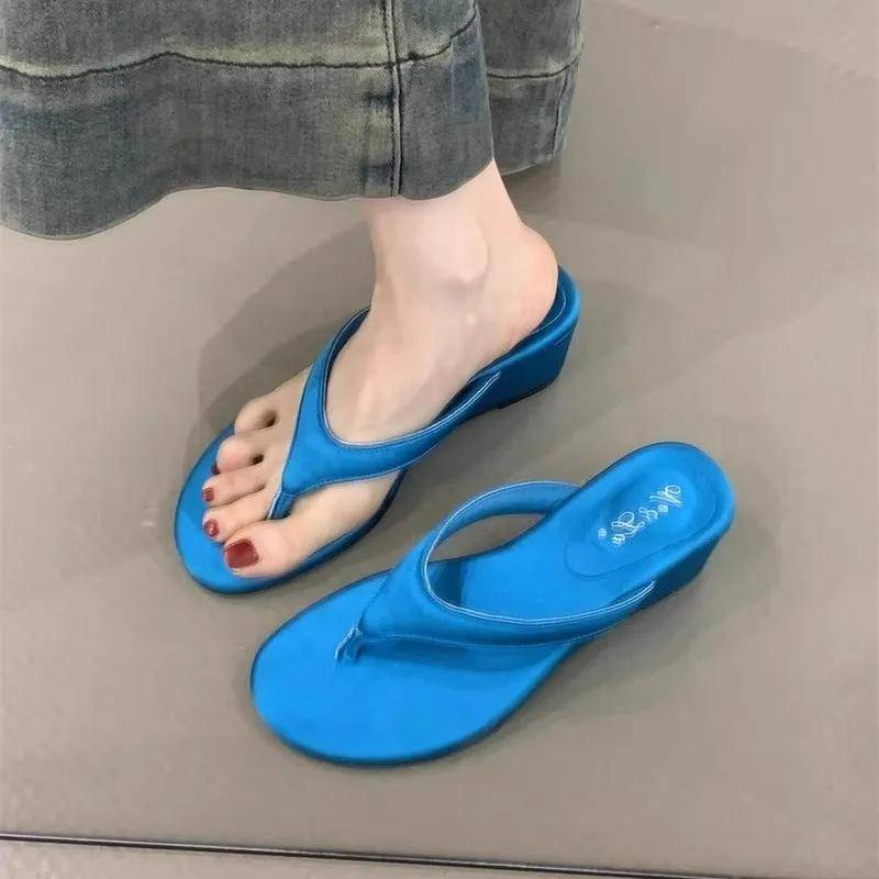 Sommer Zehensteg Damen Keilabsatz Hausschuhe Schuhe Damen Komfort Strandurlaub Pantoletten Schuhe Flip Flop Damenschuhe 37 blau von Joom DACH