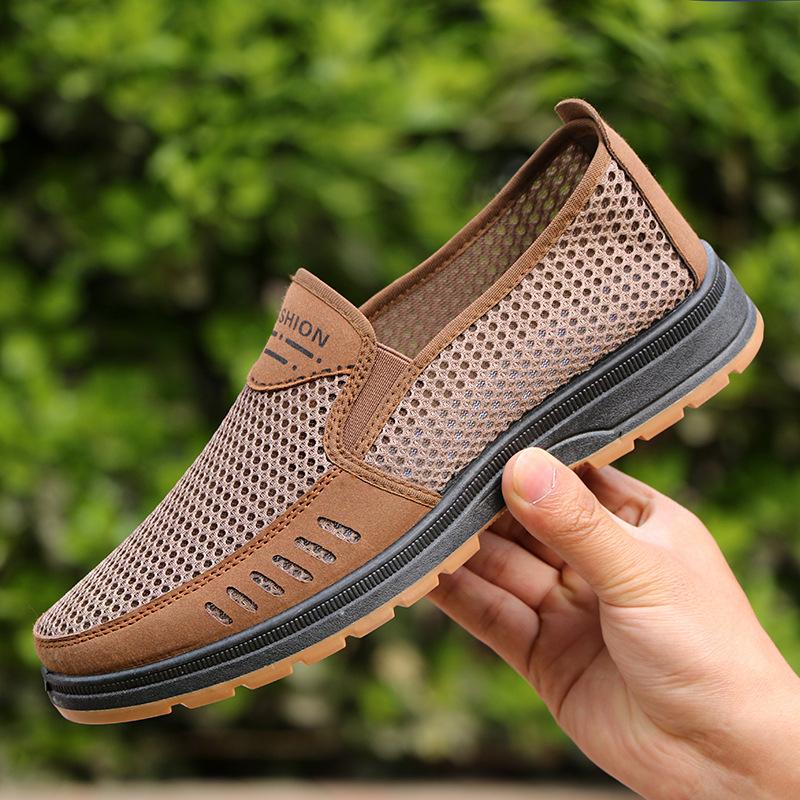 Sommer alte Peking-Stoffschuhe Herren-Bootsschuhe atmungsaktive lässige Rindssehnensohle Papa-Schuhe mittleren Alters und ältere Deodorant-Slip-on-Netzschuhe 44 dunkel kaffee von Joom DACH
