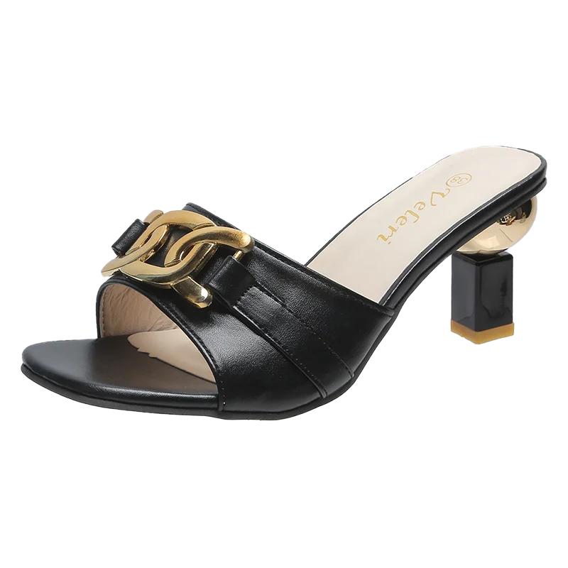 Sommer frauen Hausschuhe Sandalen Schuhe Weibliche Goldene Metall Kette Damen Mode Lässig Dias Pantoletten Indoor Zapato Mujer 38 schwarz von Joom DACH