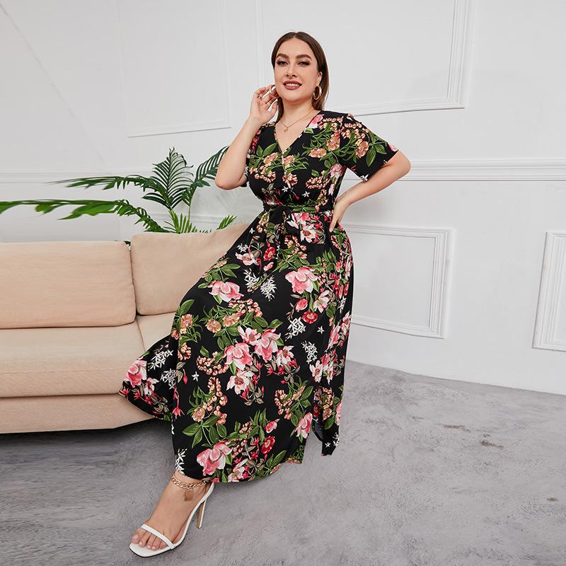 Sommer frauen Kleid Kurzarm Hohe Taille V-ausschnitt MIDI Kleid Plus Größe Temperament Gedruckt Sexy Kleid 3XL schwarz von Joom DACH