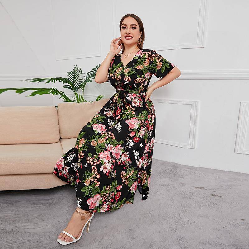 Sommer frauen Kleid Kurzarm Hohe Taille V-ausschnitt MIDI Kleid Plus Größe Temperament Gedruckt Sexy Kleid 3XL schwarz von Joom DACH
