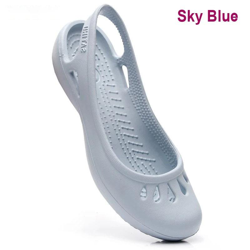 Sommer leichte Anti-Rutsch-Loch-Schuhe Clog für Damen Flache Unterseite Sandalen Krankenschwester Outdoor Strand Jelly W7 himmelblaue von Joom DACH