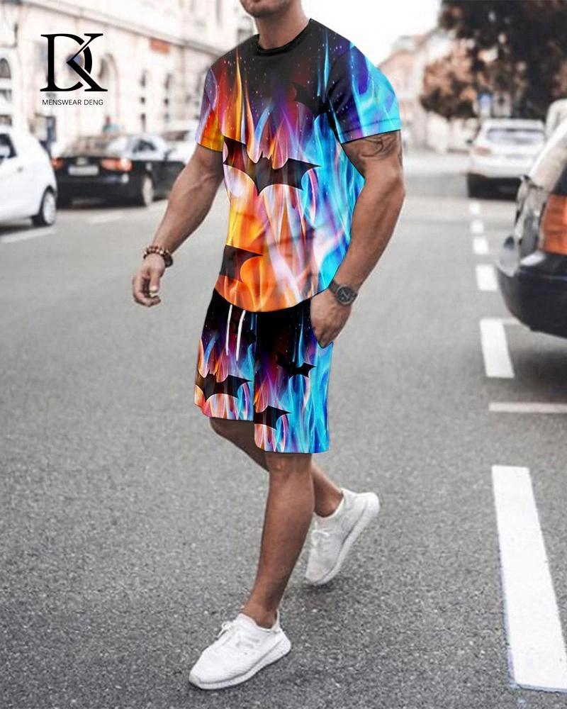 Sommer männer T-Shirt Set Schwarz Weiß Gitter 3D Druck Übergroße Kleidung Trend Männer Trainingsanzug FitnessT-shirt Shorts outfits Set XL von Joom DACH