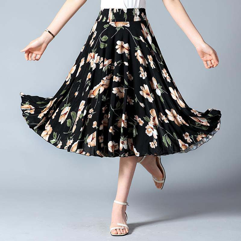 Sommer mittellanger Blumenrock, elastische Taille, lockeres, lässiges Eisseiden-Chiffon-Gewebe, leichtes und atmungsaktives Strandkleid One Size von Joom DACH