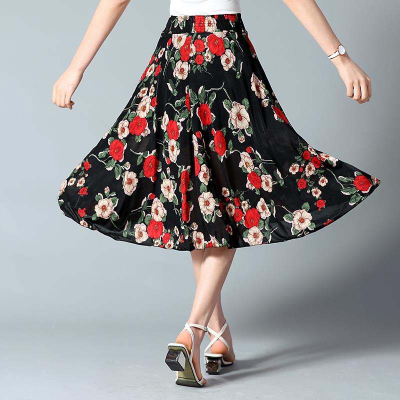 Sommer mittellanger Blumenrock, elastische Taille, lockeres, lässiges Eisseiden-Chiffon-Gewebe, leichtes und atmungsaktives Strandkleid One Size von Joom DACH