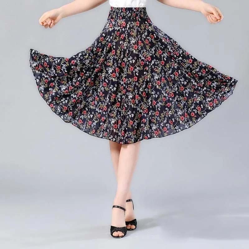 Sommer mittellanger Blumenrock, elastische Taille, lockeres, lässiges Eisseiden-Chiffon-Gewebe, leichtes und atmungsaktives Strandkleid One Size von Joom DACH