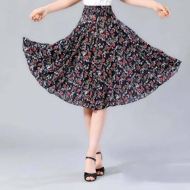 Sommer mittellanger Blumenrock, elastische Taille, lockeres, lässiges Eisseiden-Chiffon-Gewebe, leichtes und atmungsaktives Strandkleid One Size von Joom DACH