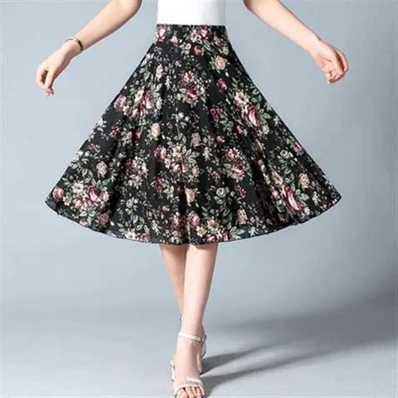 Sommer mittellanger Blumenrock, elastische Taille, lockeres, lässiges Eisseiden-Chiffon-Gewebe, leichtes und atmungsaktives Strandkleid One Size von Joom DACH