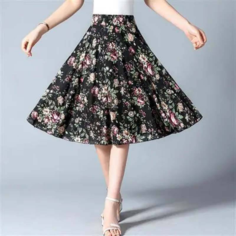 Sommer mittellanger Blumenrock, elastische Taille, lockeres, lässiges Eisseiden-Chiffon-Gewebe, leichtes und atmungsaktives Strandkleid One Size von Joom DACH