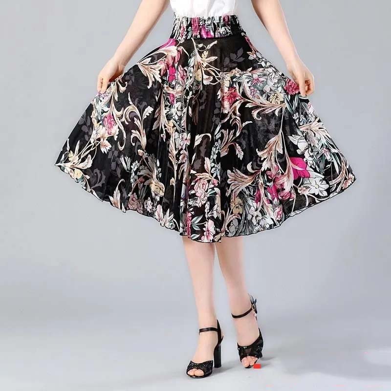 Sommer mittellanger Blumenrock, elastische Taille, lockeres, lässiges Eisseiden-Chiffon-Gewebe, leichtes und atmungsaktives Strandkleid One Size von Joom DACH