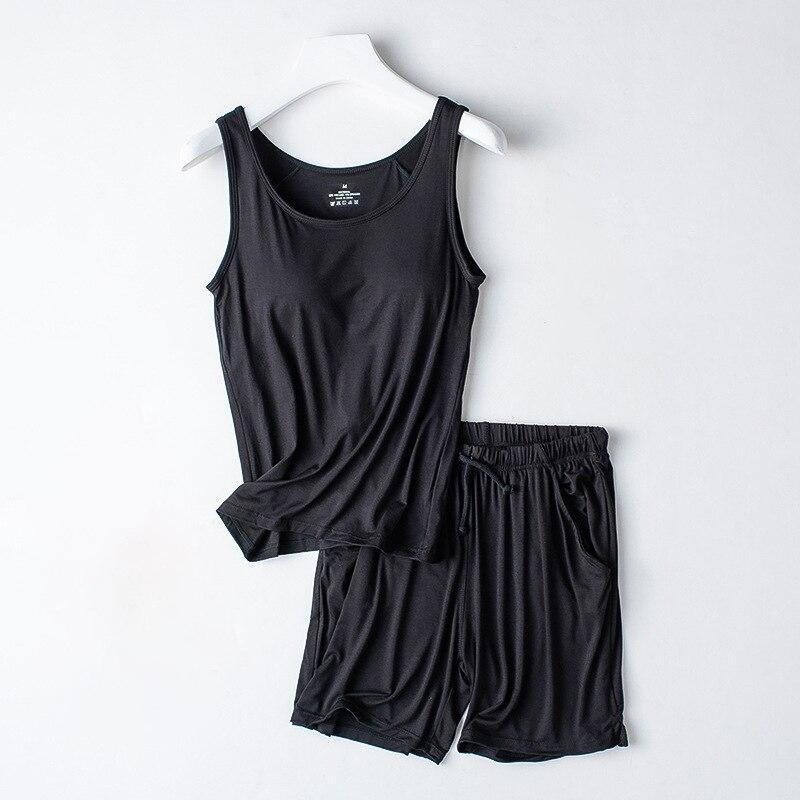 Sommer neue Damen Modal Pyjama zweiteilige Weste + Shorts mit Brustpolster Dessous nahtlose Cup Camisole Homewear Set Pyjama M schwarz von Joom DACH