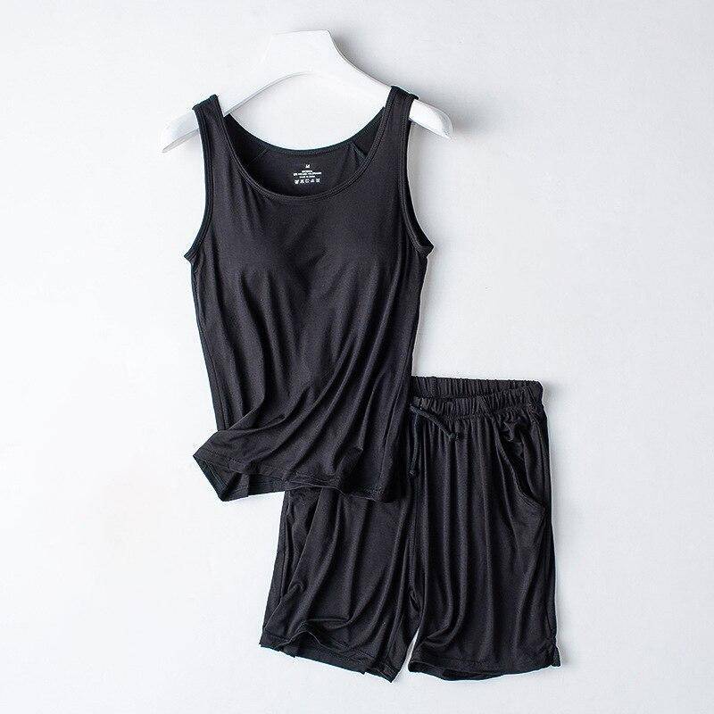 Sommer neue Damen Modal Pyjama zweiteilige Weste + Shorts mit Brustpolster Dessous nahtlose Cup Camisole Homewear Set Pyjama M schwarz von Joom DACH