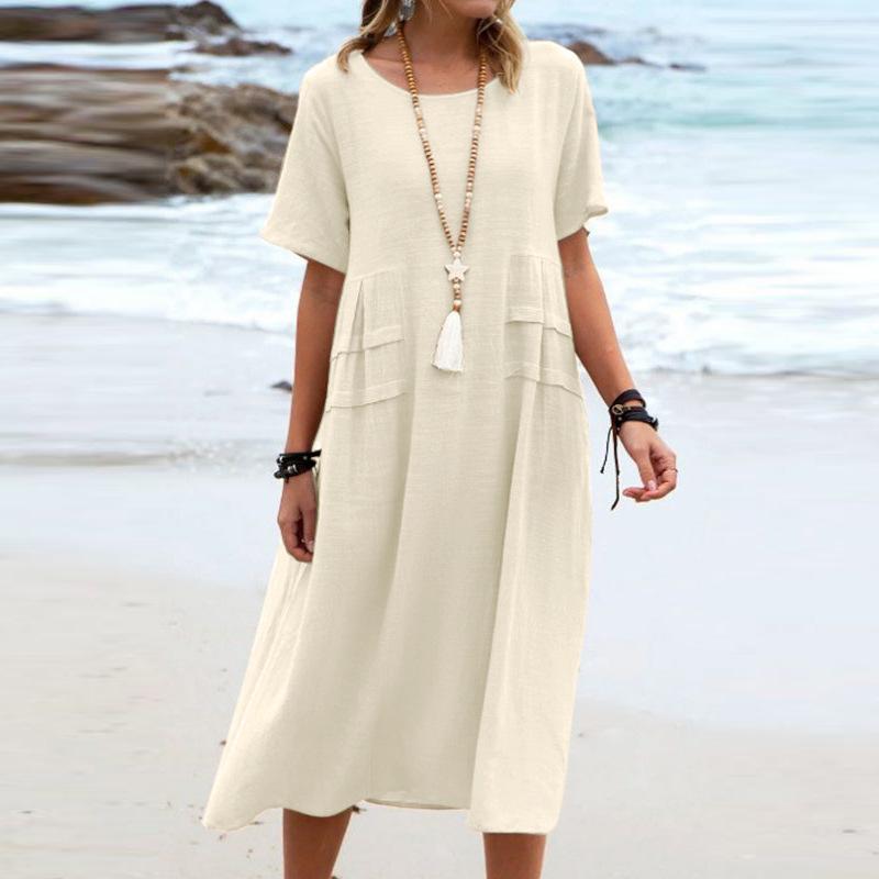 Sommerkleid aus Baumwolle und Leinen für Damen, einfarbig, kurzärmelig, Rundhalsausschnitt, Tasche, lässig, lockeres Kleid, Urlaub am Meer, Strandrock M khaki von Joom DACH