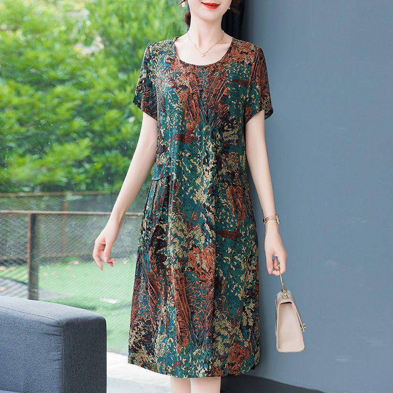 Sommerkleid aus Baumwolle und Seide in großer Größe, kurzärmelig, Blumenkleid für ältere Menschen XL von Joom DACH