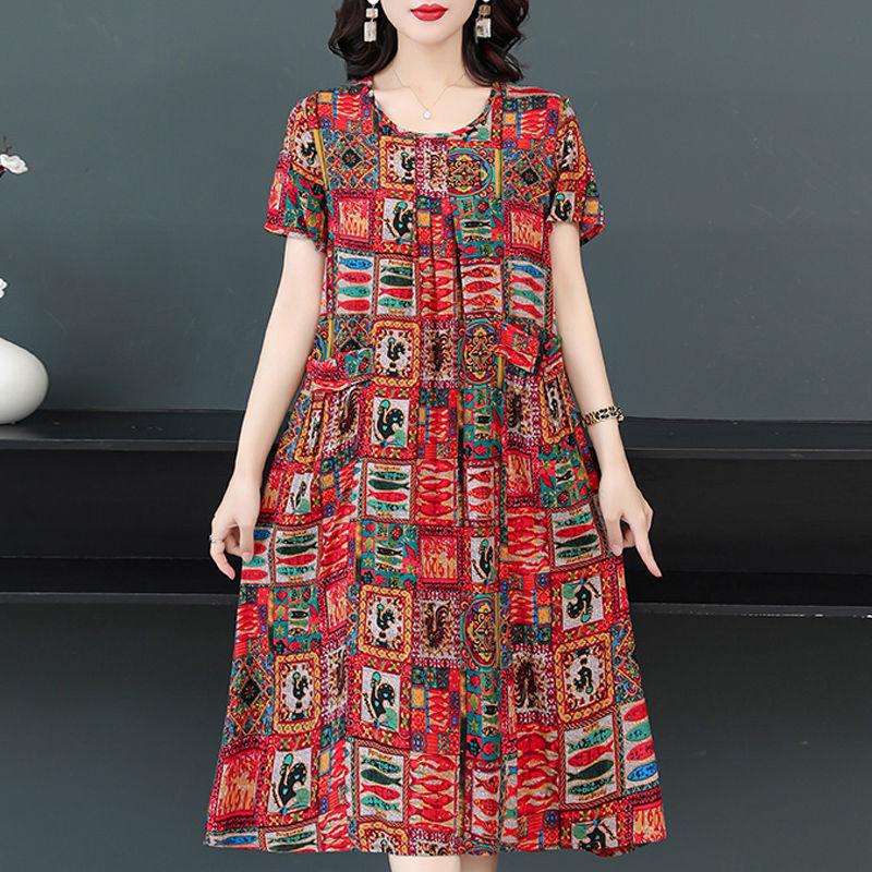 Sommerkleid aus Baumwolle und Seide in großer Größe, kurzärmelig, Blumenkleid für ältere Menschen XXL von Joom DACH
