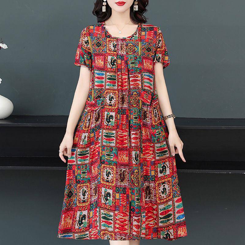 Sommerkleid aus Baumwolle und Seide in großer Größe, kurzärmelig, Blumenkleid für ältere Menschen XXL von Joom DACH