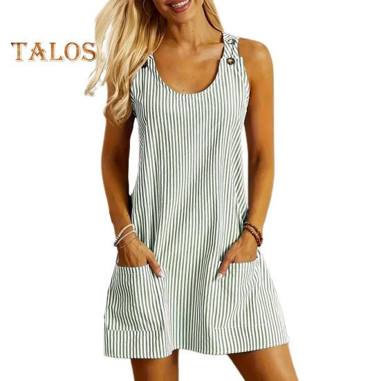 Sommerkleid für Damen, Rundhalsausschnitt, Streifenmuster, ärmellos, Taschen, lockerer Knopfdekor, lässig, für den Alltag, Minikleid, Dating, Urlaub, kurzes Kleid M armee grüne von Joom DACH