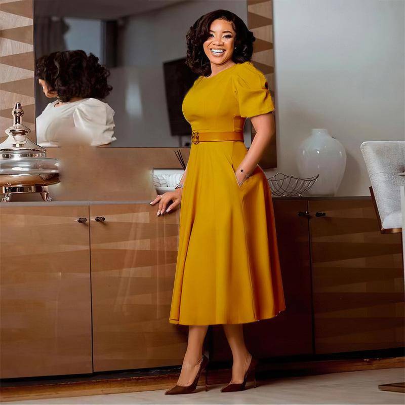 Sommerkleid für Damen, Übergröße, Rundhalsausschnitt, Temperament, elegante Taille, große Schaukel, Blasenärmel, A-Linien-Kleid XL von Joom DACH