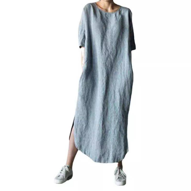 Sommerkleid für Damen in Übergröße, Rundhalsausschnitt, halbe Ärmel, einfarbig, seitlicher Schlitz, wadenlange Kleider 5XL hellblaue von Joom DACH