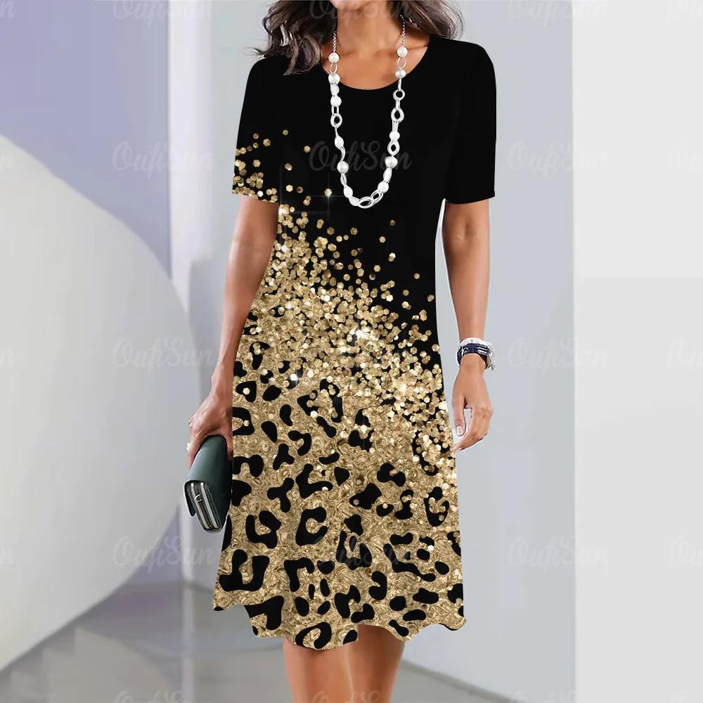Sommerkleider Leopard Colour Clash Langes Kleid Retro Damenbekleidung Locker Rundhals A-Linienrock Kurze Ärmel Damenbekleidung 6XL von Joom DACH