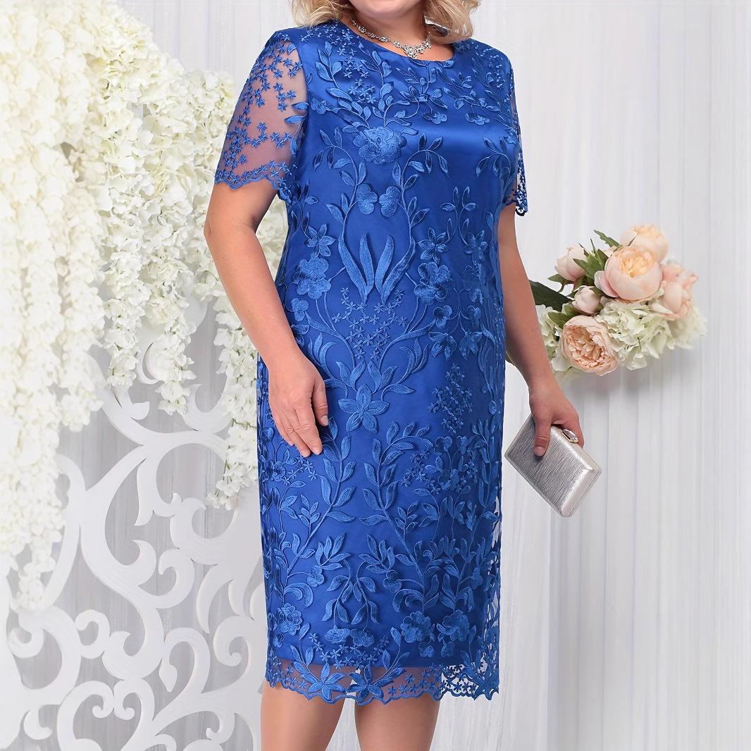 Sommerkleider in Übergröße für Hochzeitsgäste, Damen, kurzärmelig, Spitze, Blumenmuster, elegant, formelle Partykleider XXXXXXL blau von Joom DACH