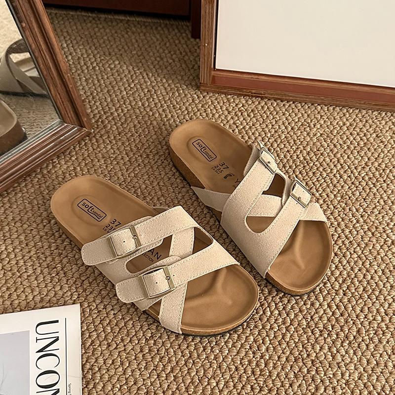 Sommerliche Damen-Sandalen mit offenem Zeh, flache Hausschuhe, modische Kreuzschnalle, Outdoor, Strandurlaub, Damen-Pantoletten 35 beige von Joom DACH
