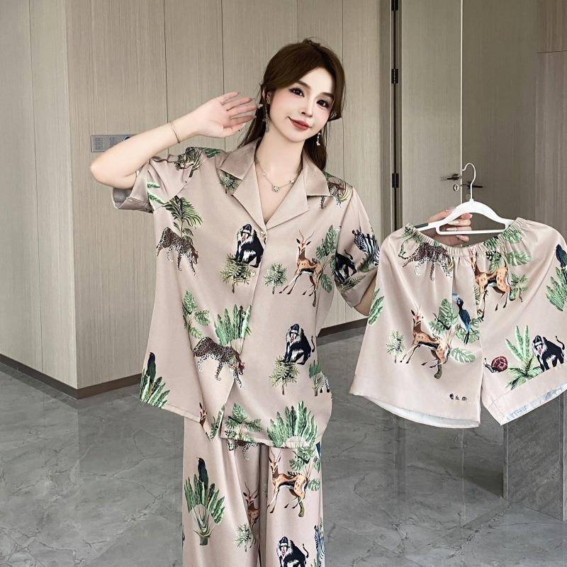 Sommerlicher dünner Pyjama aus Eisseide für Damen, hochwertige grüne Kurzarmhose, dreiteilige Heimkleidung XL von Joom DACH