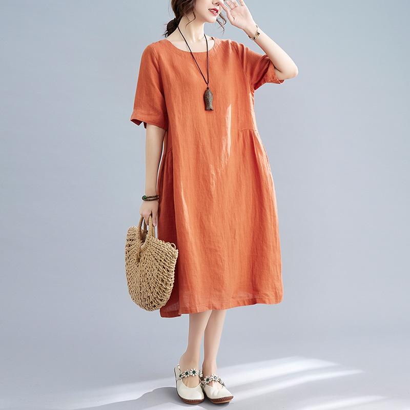 Sommerliteratur Lockeres, einfarbiges Baumwollleinenkleid mit Rundhalsausschnitt und kurzen Ärmeln für Damen im mittellangen bis langen Stil, Freizeitkleider XL von Joom DACH