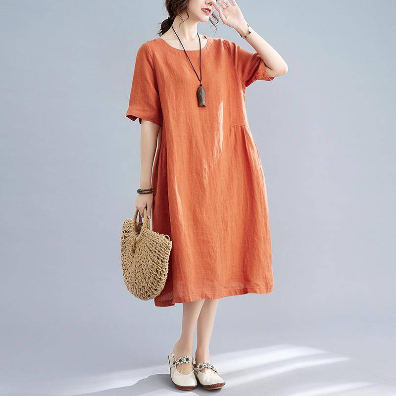 Sommerliteratur Lockeres, einfarbiges Baumwollleinenkleid mit Rundhalsausschnitt und kurzen Ärmeln für Damen im mittellangen bis langen Stil, Freizeitkleider XL von Joom DACH