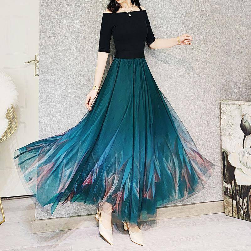 Sommermode Damen Hohe Taille Schlanker Mesh-Faltenrock Halblanger Temperament-Gradienten-A-Linien-Rock Swing-Rock 4XL von Joom DACH