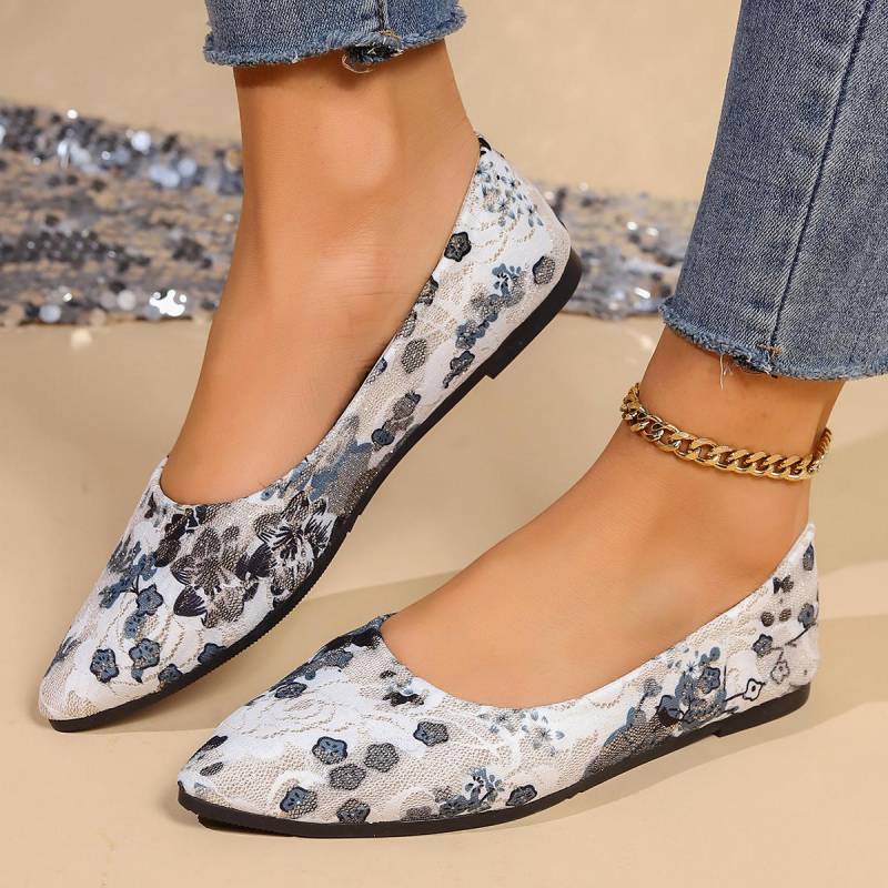 Sommermode Neue Weichsohlige Flache Schuhe Retro Spitzschuhe Flachdruck Elegant Lässig Täglich Damen Schuhe Mokassin 38 blau von Joom DACH