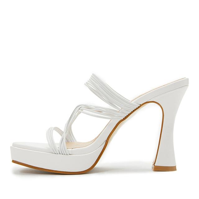 Sommermode Schwarze Eckige Zehenpartie Schmaler Riemen Plateau-Slipper für Damen Pantoletten Gladiatorensandalen Schuhe Hohe Absätze Pumps 40 weiß von Joom DACH