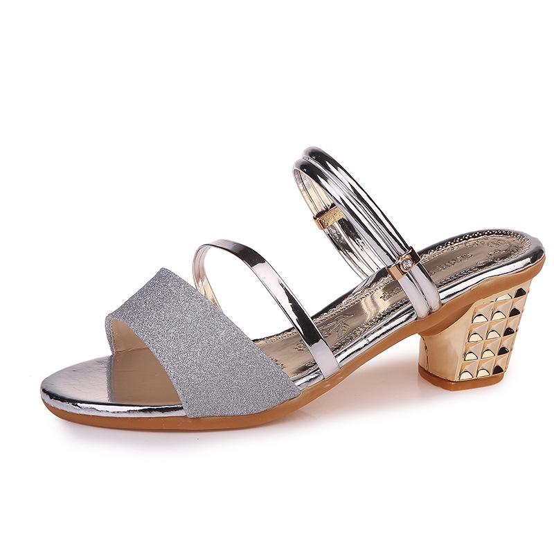 Sommersandalen Damen-Sandalen mit offenem Zehenbereich, mittlerem Absatz und dickem Absatz 38 silber von Joom DACH
