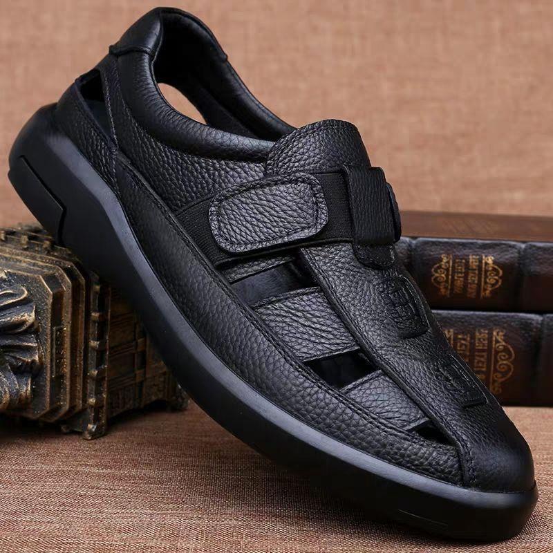 Sommersandalen Herren Weiches Leder Rutschfest Atmungsaktiv Zehenbedeckt Römische Coole Schuhe Mode Weiche Sohlen 44 schwarz von Joom DACH