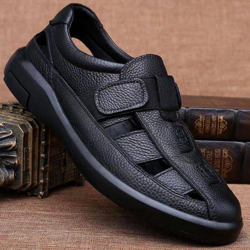 Sommersandalen Herren Weiches Leder Rutschfest Atmungsaktiv Zehenbedeckt Römische Coole Schuhe Mode Weiche Sohlen 44 schwarz von Joom DACH