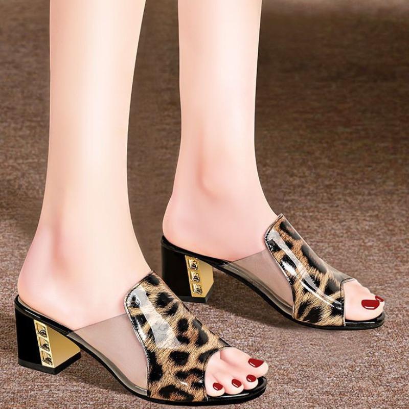 Sommerschuhe für Damen Leopard Zehenfrei Damen Chunky Heel Pantoletten Kleid Party High Heel Damen Pantoletten Schuhe Damen Mules 41 schwarz von Joom DACH