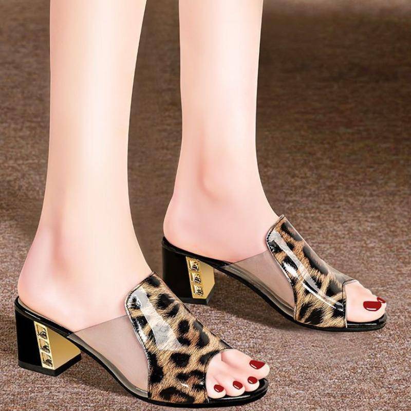 Sommerschuhe für Damen Leopard Zehenfrei Damen Chunky Heel Pantoletten Kleid Party High Heel Damen Pantoletten Schuhe Damen Mules 41 schwarz von Joom DACH