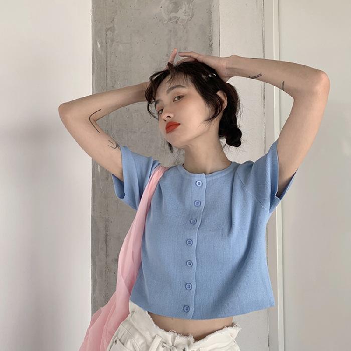 Sommertipps für kurze, bauchfreie Strickjacken und schmal gestrickte Kurzarm-T-Shirts für Damen one size blau von Joom DACH