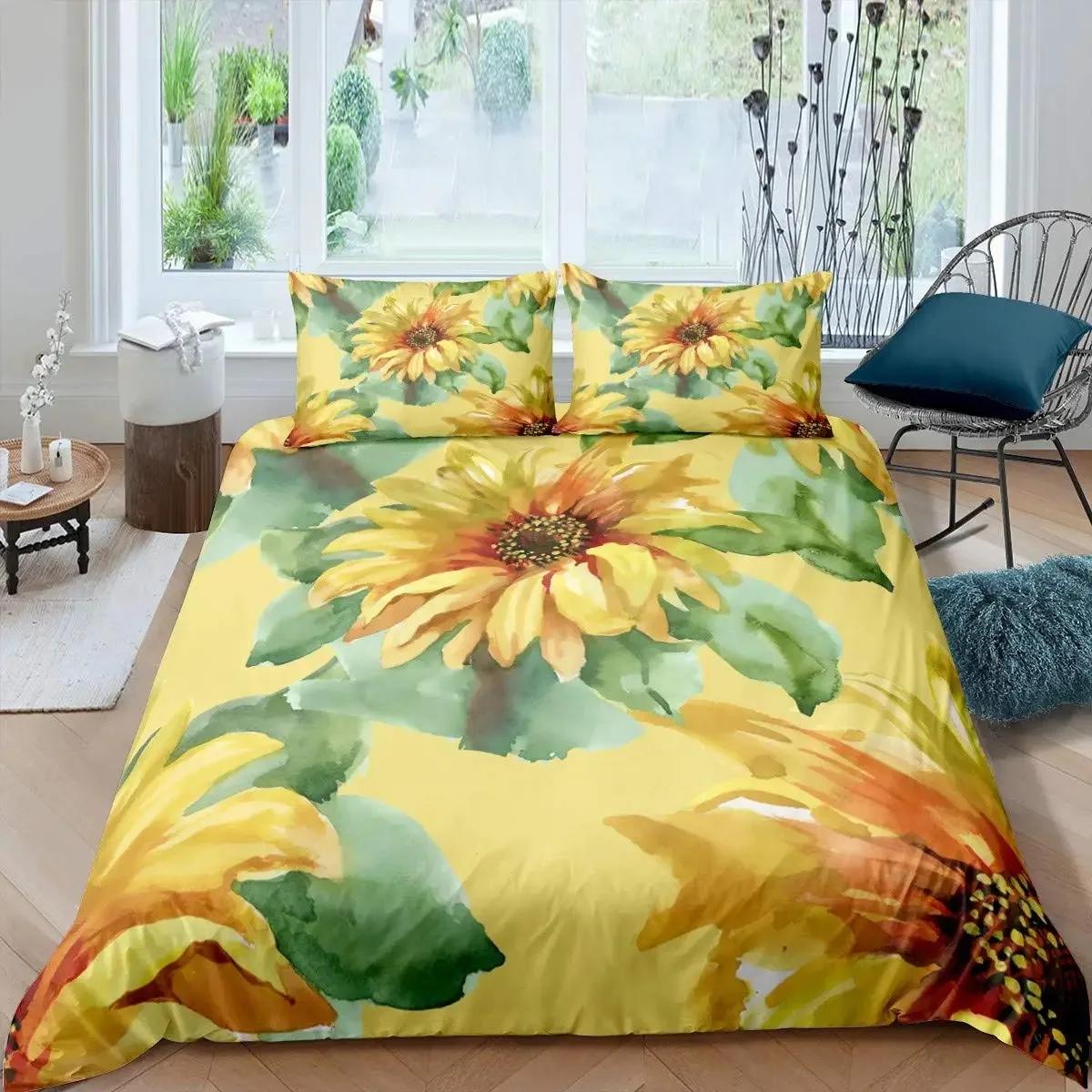 Sonnenblumen Bettbezug Set Blühende Sonnenblumen Feld Druck Bettwäsche Set für Kinder Modernes Ölgemälde Mikrofaser Bettdeckenbezug 70x133cm 2pcs von Joom DACH