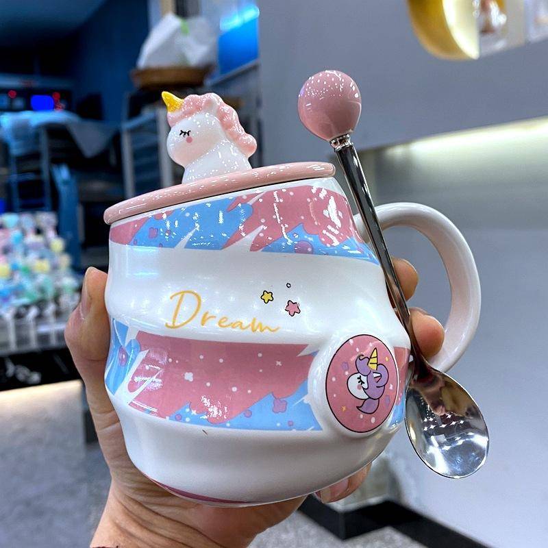 Souvenir Regenbogen Einhorn Keramik Fadenbecher mit Deckel Löffel Mädchen Trinkwasser Tasse Büro Kaffeetasse 380ml von Joom DACH