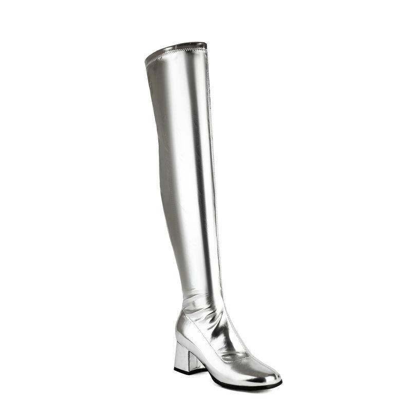 Glitzernde Metallic Silber Goldene Stretch Overknees Eckige Klobige Hohe Absätze Oberschenkelhoch Lange Überknie Stiefel Schuhe für Frauen 40 silber von Joom DACH