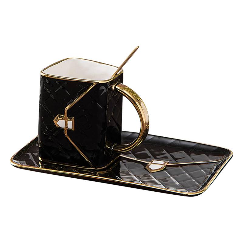 Spezielles handtaschenförmiges Kaffeetassen-Set mit Untertasse und Löffel, 310 ml Kaffeetasse, Keramik-Teetasse zum Geburtstag schwarz von Joom DACH