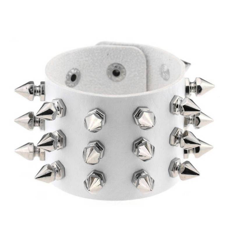 Spikes Niet Breite Manschette PU Leder Punk Schwarz Armbänder Für Männer Mode Leder Armband Armreifen Multilayer Breite Wrap Schmuck 22cm weiß von Joom DACH